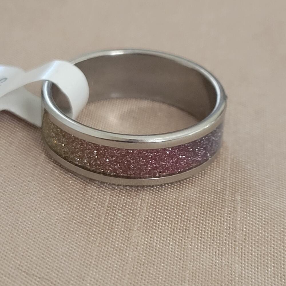 size 8 rainbow glitter stainless steel silver tone unisex ring